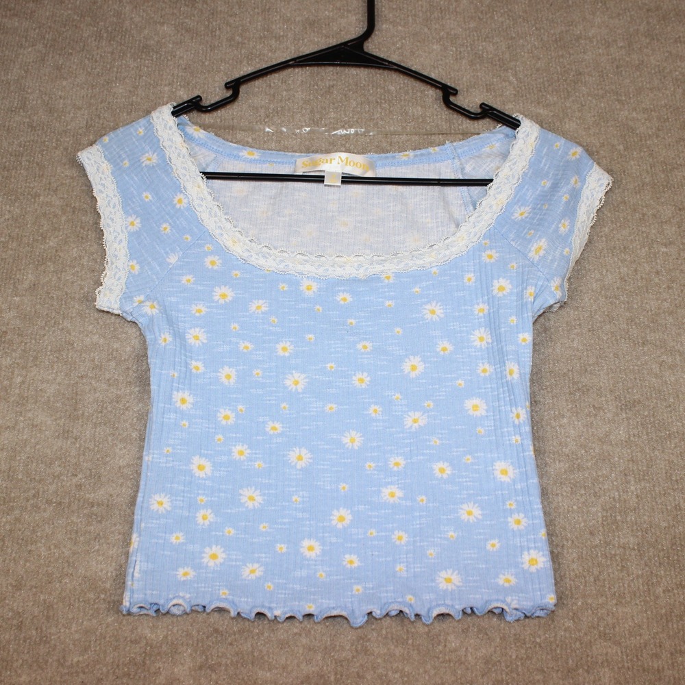 Sugar Moon Blue Daisy Floral Lace Trim Lettuce Hem Ribbed Baby Tee Small